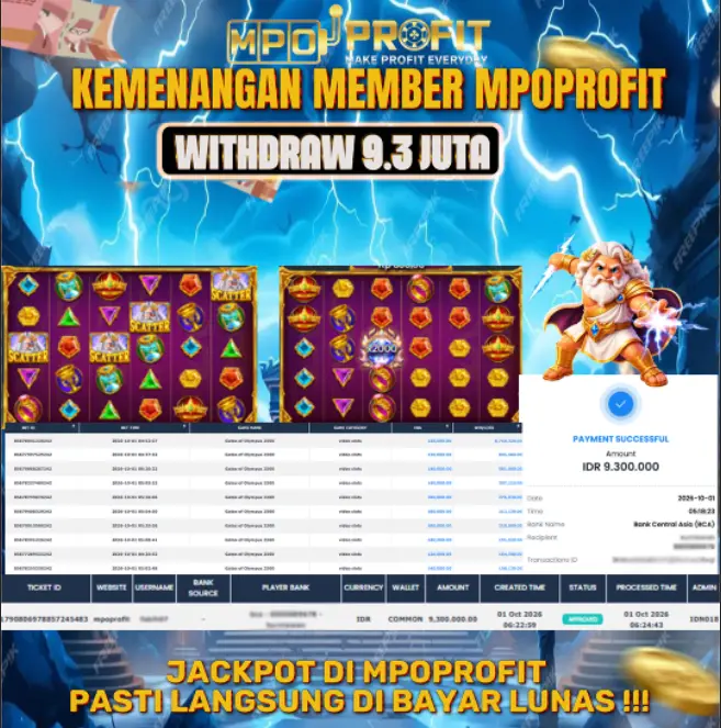 MPOPROFIT JACKPOT PRAGMATIC PLAY ! KEMENANGAN MURNI DI ( GATES OFR OLYMPUSH 2500 TOTAL 9.300.000,- LUNAS)